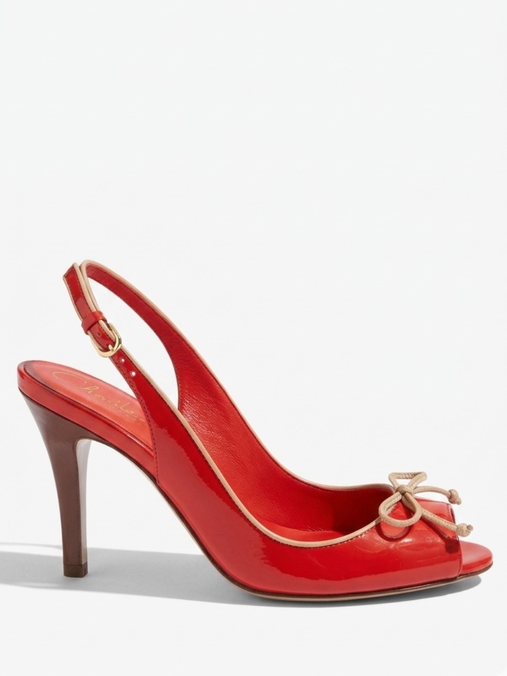 COLE HAAN 👠 Vibrant Red Patent Leather Slingback Heels with Tan Bow. Size 9.5